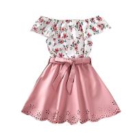 Polyester Girl Clothes Set & two piece & loose Pants & top printed floral pink Set