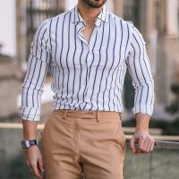 Polyester Men Long Sleeve Casual Shirts & loose striped white PC