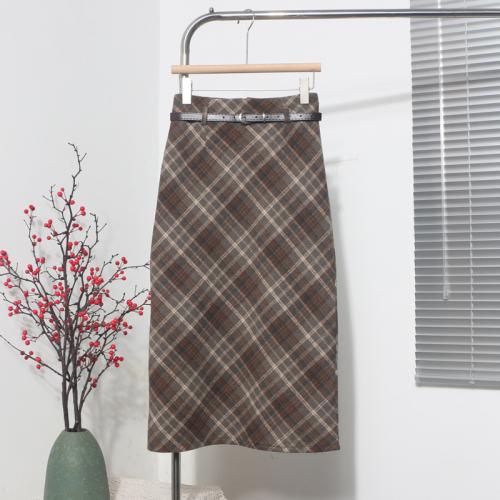 Woollen Cloth A-line Package Hip Skirt & with belt printed plaid PC