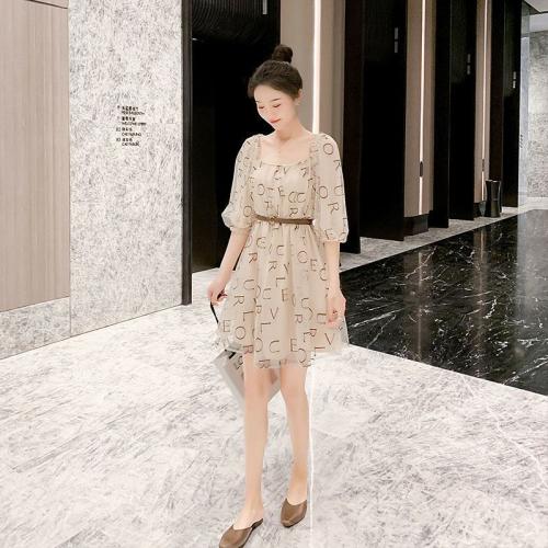 Polyester One-piece Dress slimming & with belt printed letter PC