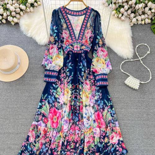 Polyester Slim One-piece Dress mid-long style printed floral PC