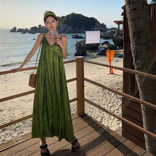 Velour Soft Beach Dress large hem design & off shoulder Solid green PC