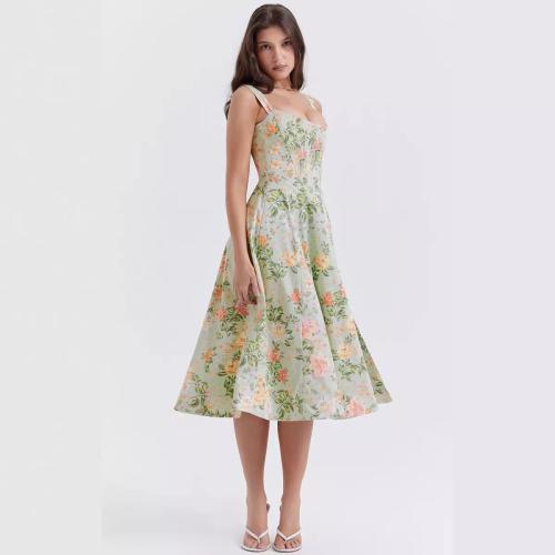 Polyester Waist-controlled One-piece Dress side slit printed floral PC