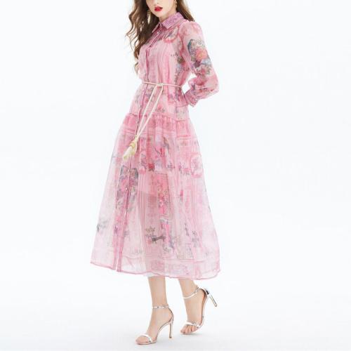 Polyester Waist-controlled Shirt Dress slimming printed pink PC