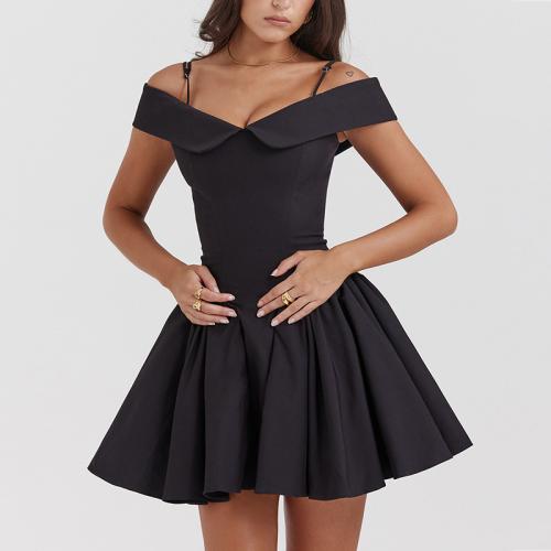 Polyester Waist-controlled One-piece Dress slimming & off shoulder Solid black PC