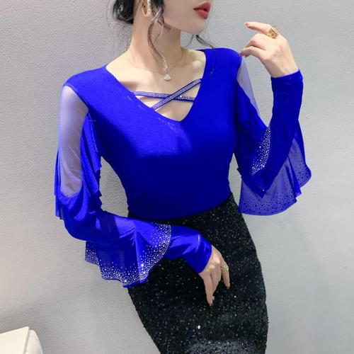 Polyester scallop Women Long Sleeve T-shirt & hollow iron-on Solid PC