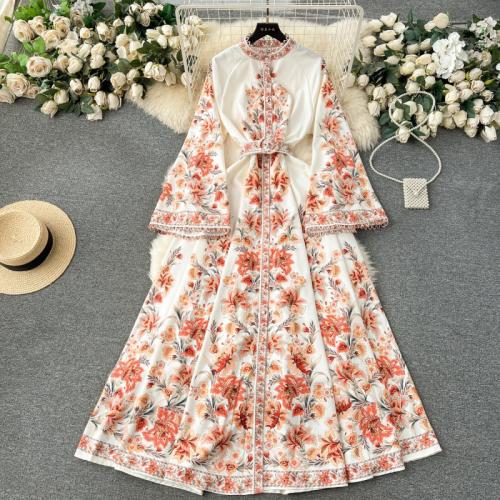 Mixed Fabric Waist-controlled & Soft & long style & Plus Size One-piece Dress slimming printed floral PC