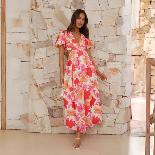 Polyester Waist-controlled One-piece Dress deep V & hollow printed floral PC
