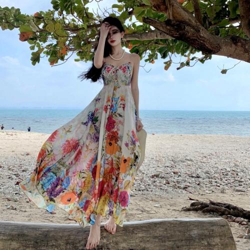 Polyester Slim Slip Dress large hem design printed floral multi-colored PC