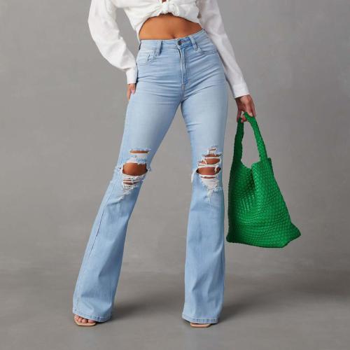 Cotton Ripped Women Jeans slimming patchwork Solid light blue PC