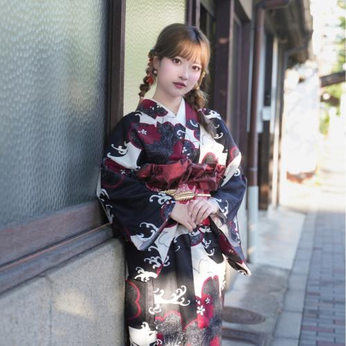 Polyester Sexy Kimono Cute & loose Kimono Costume & belt printed floral black Set