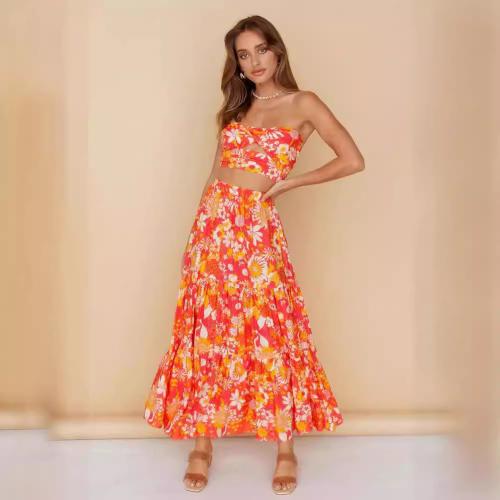 Rayon Slim & High Waist Two-Piece Dress Set & tube printed floral reddish orange Set