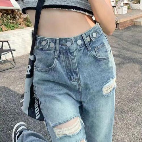 Cotton Ripped Women Jeans slimming patchwork Solid blue PC