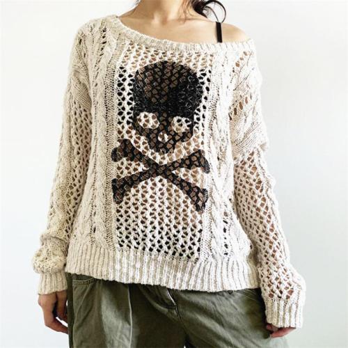Polyester Women Knitwear & loose & hollow knitted skull pattern beige PC