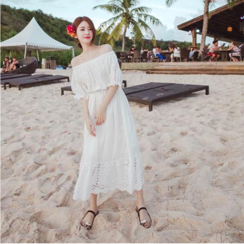 Polyester & Cotton Beach Dress mid-long style & off shoulder white PC