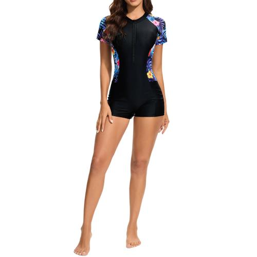 Polyester One-piece Swimsuit & sun protection & padded printed floral black PC