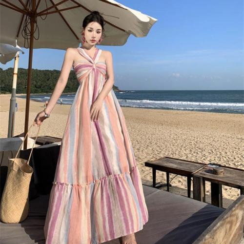 Polyester Beach Dress One-piece Dress & off shoulder & breathable multi-colored PC