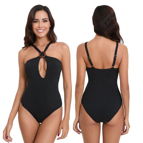 Polyester One-piece Swimsuit & hollow & skinny style black PC