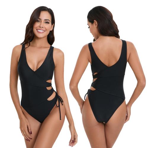 Polyester One-piece Swimsuit & hollow & skinny style black PC