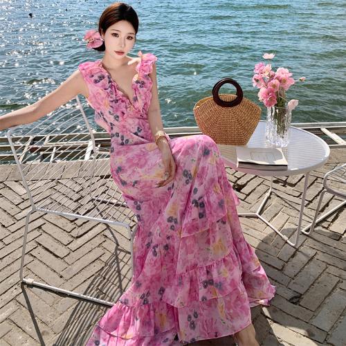 Polyester Slim Slip Dress backless printed floral pink PC