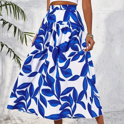 Polyester Slim Maxi Skirt printed leaf pattern blue PC