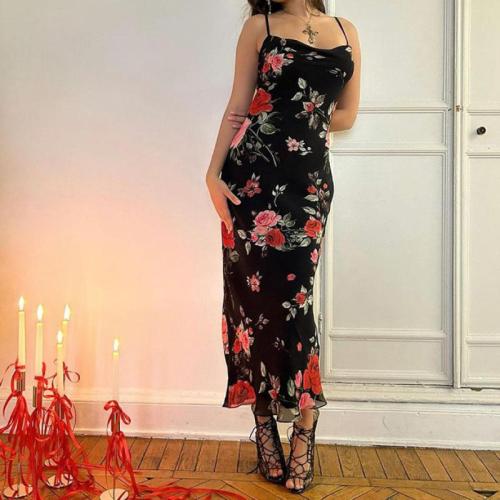 Polyester Slim Slip Dress backless printed floral black PC