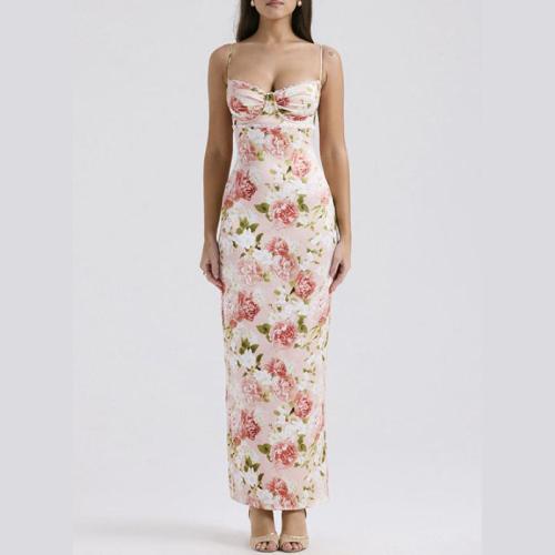 Polyester Slip Dress back split & backless printed floral pink PC