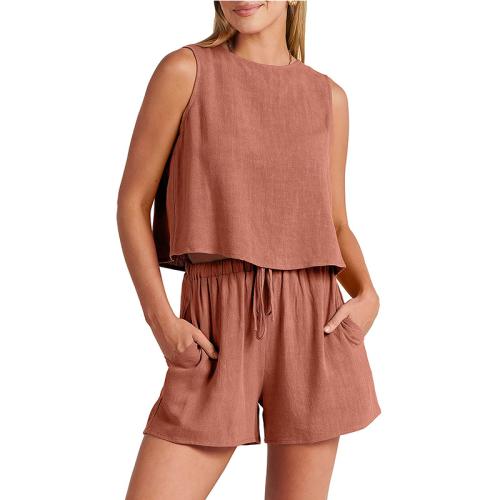 Rayon & Linen Women Casual Set & two piece & loose & with pocket short & tank top Solid Set