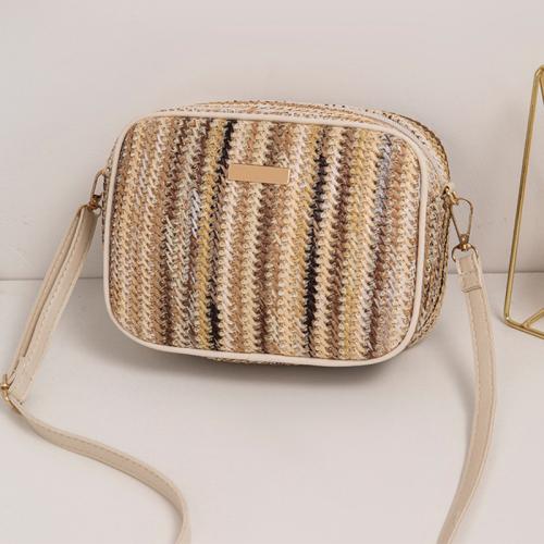 PP Straw & PU Leather Box Bag & Handmade & Weave Crossbody Bag striped PC