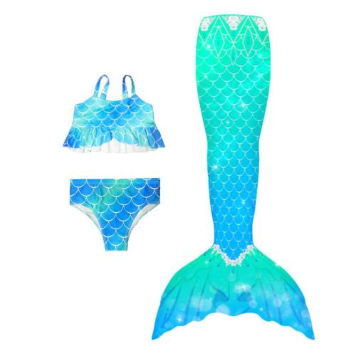 Polyester Children Mermail Swimming Suit & three piece printed blue Set
