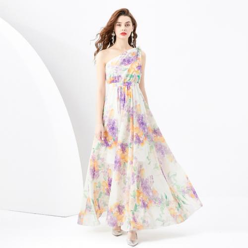 Polyester One-piece Dress & off shoulder & floor-length printed floral yellow PC