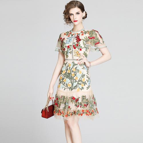 Polyester lace One-piece Dress double layer & breathable floral Apricot PC
