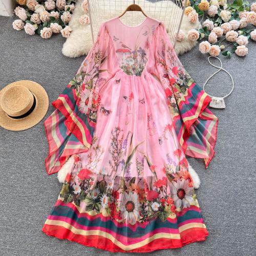Acrylic Waist-controlled One-piece Dress double layer printed floral PC