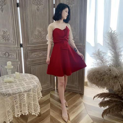 Sequin & Gauze & Polyester Waist-controlled Short Evening Dress see through look  Solid red PC