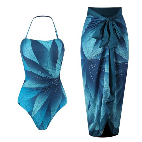Polyester One-piece Swimsuit  printed leaf pattern blue PC