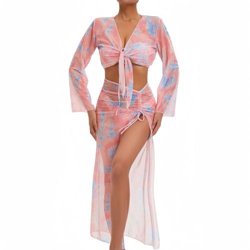 Polyester Bikini & sun protection & four piece printed pink Set