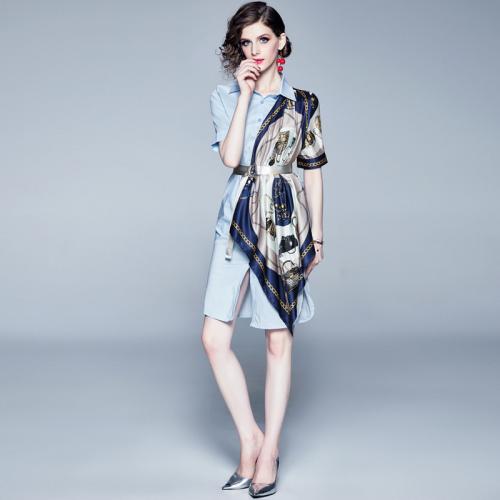 Polyester Waist-controlled & Soft One-piece Dress breathable printed blue PC