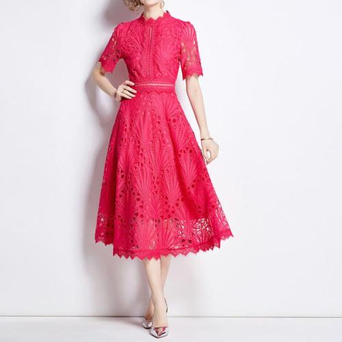 Lace Waist-controlled One-piece Dress slimming Solid fuchsia PC