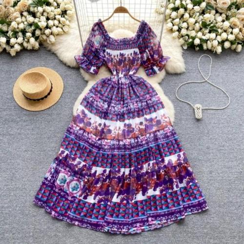 Chiffon Soft & long style One-piece Dress large hem design printed : PC