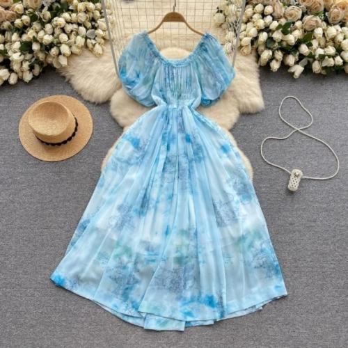 Chiffon One-piece Dress large hem design & double layer & breathable printed floral : PC