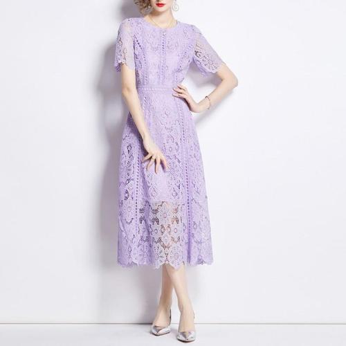 Lace One-piece Dress slimming & hollow purple PC