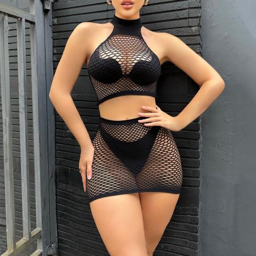 Polyamide Two-Piece Dress Set midriff-baring & hollow patchwork Solid : Set