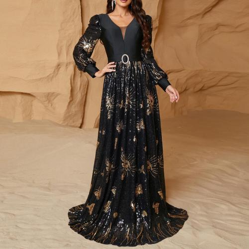 Polyester Long Evening Dress large hem design Sequin patchwork black PC