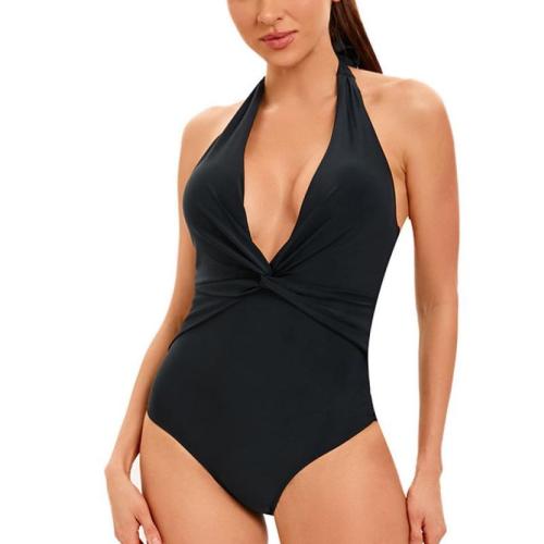 Polyamide One-piece Swimsuit deep V & backless & skinny style Solid black PC