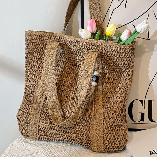 Straw Tassels Woven Tote large capacity Polyester PC