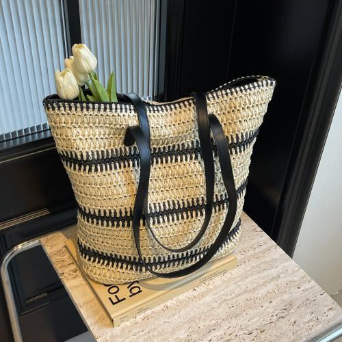 Straw Handmade Woven Shoulder Bag large capacity striped beige PC