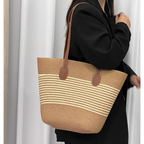 Straw Tote Bag & Handmade Woven Shoulder Bag large capacity PU Leather striped PC