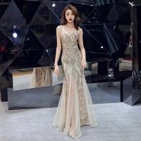 Sequin & Cotton floor-length & front slit Long Evening Dress see through look & deep V Others PC