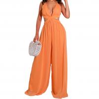 Polyester High Waist Long Jumpsuit deep V & loose & hollow Solid PC