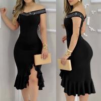 Polyester iron-on & front slit & High Waist & Step Skirt One-piece Dress irregular Solid black PC
